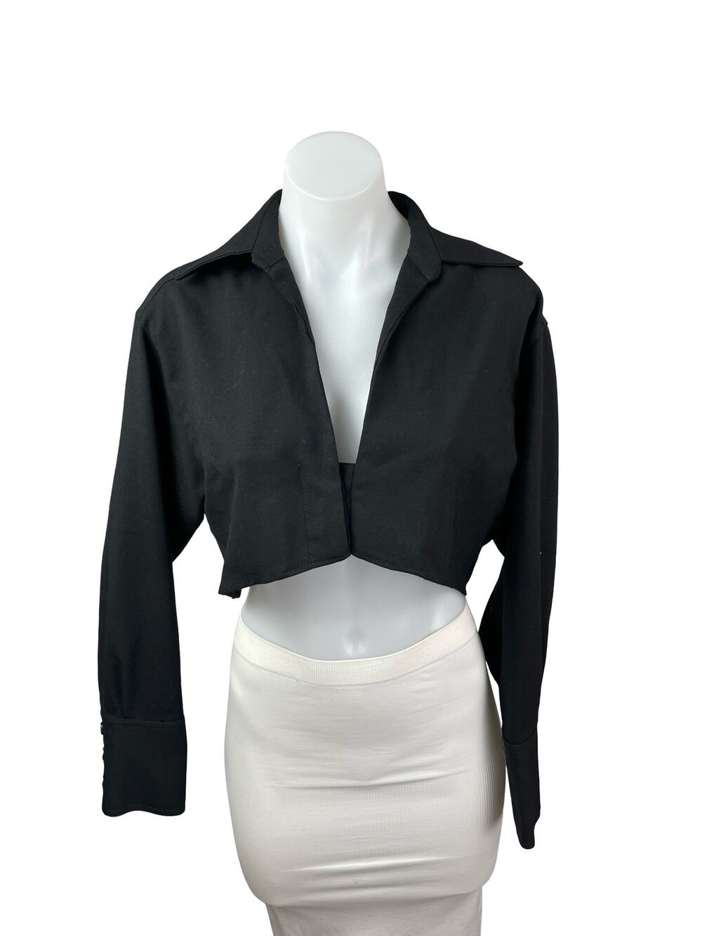 Zara Women's Black Long Sleeve Wool Collared Cropped Blazer Shirt Top Size S